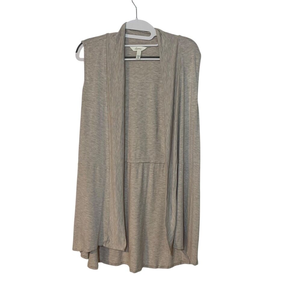 Soma Womens Sleeveless Open Front Beige Jersey Knit Cardigan XL Lagenlook Casual